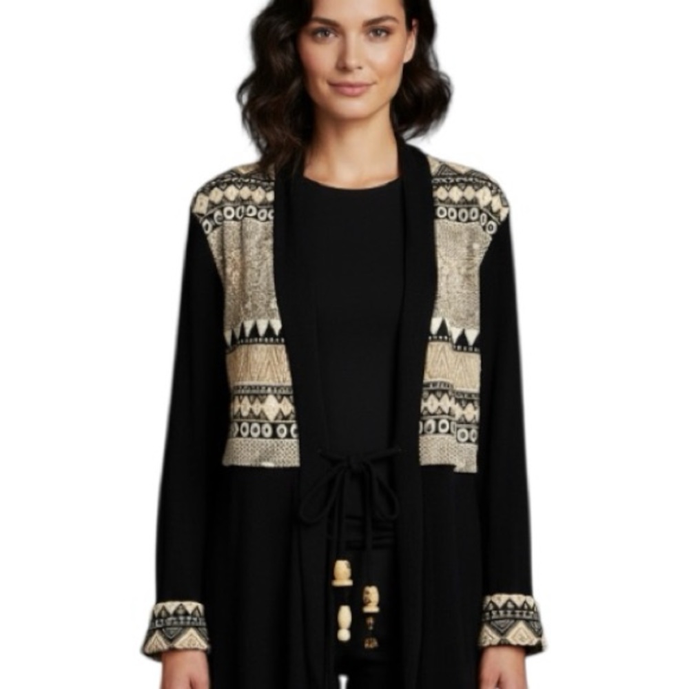 SHARON ANTHONY Shacket  Black Tie Front Aztec Tribal Print Cream Womens SZ S/M